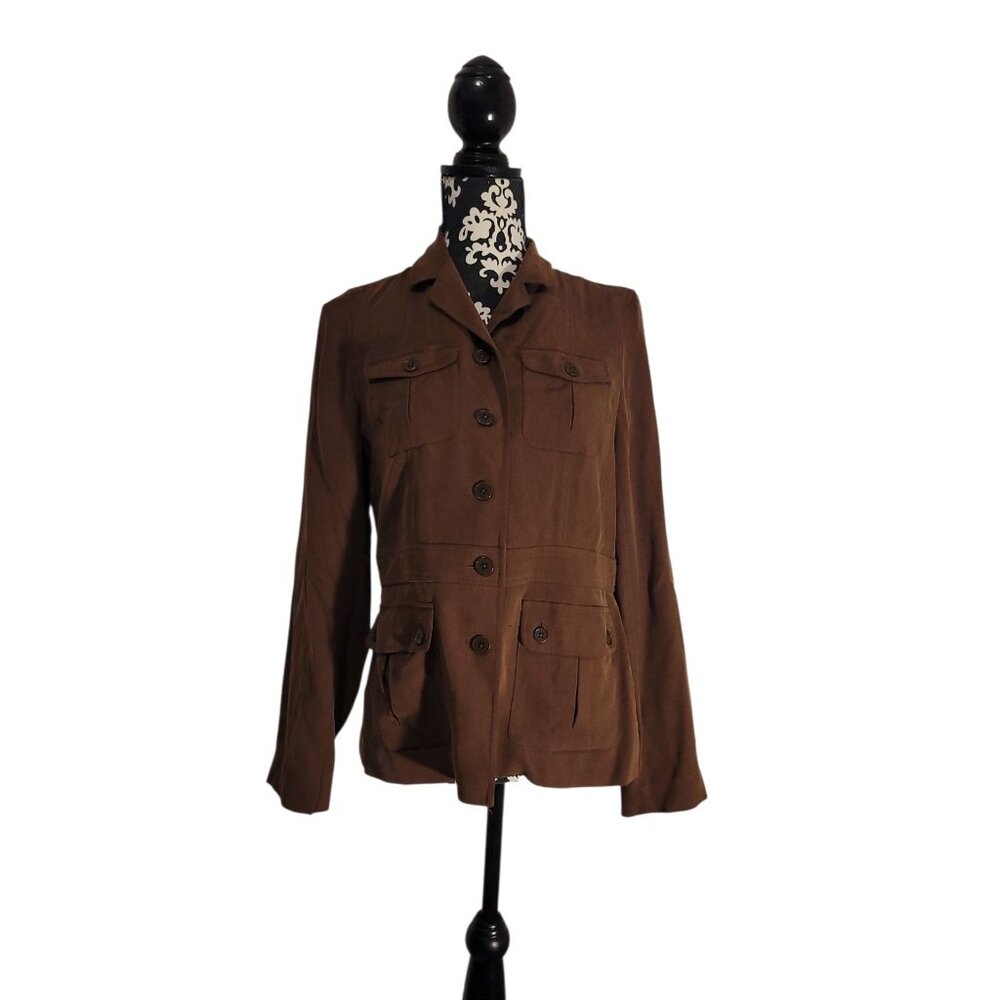 Lauren Ralph Lauren 100% Silk Blazer Career Office Wmn PM Brown Button Pockets